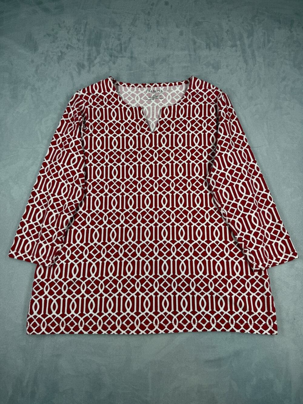 Talbot's Women's Medium Petite Red Geo/Black Trim 3/4 Sleeve 100% Cotton